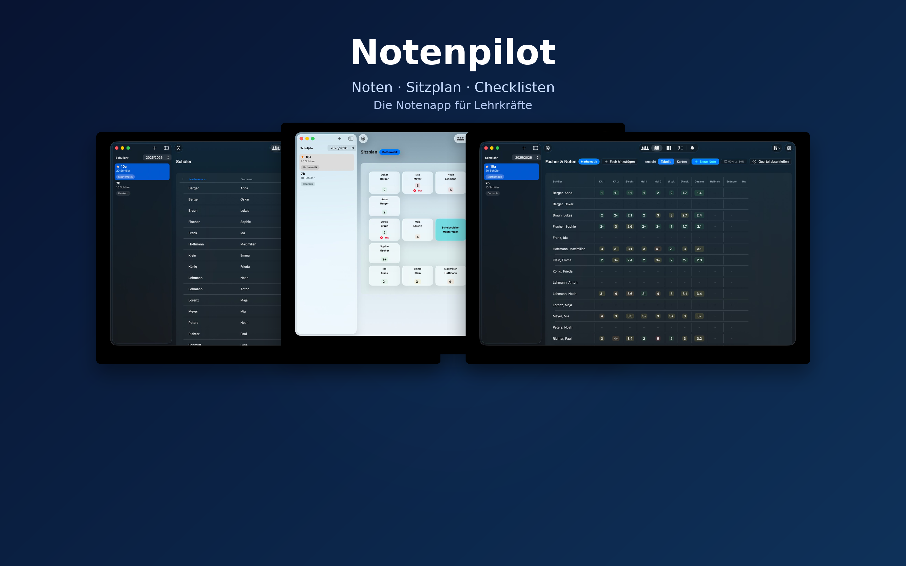 NotenPilot App-Vorschau – Noten, Sitzplan und Checklisten