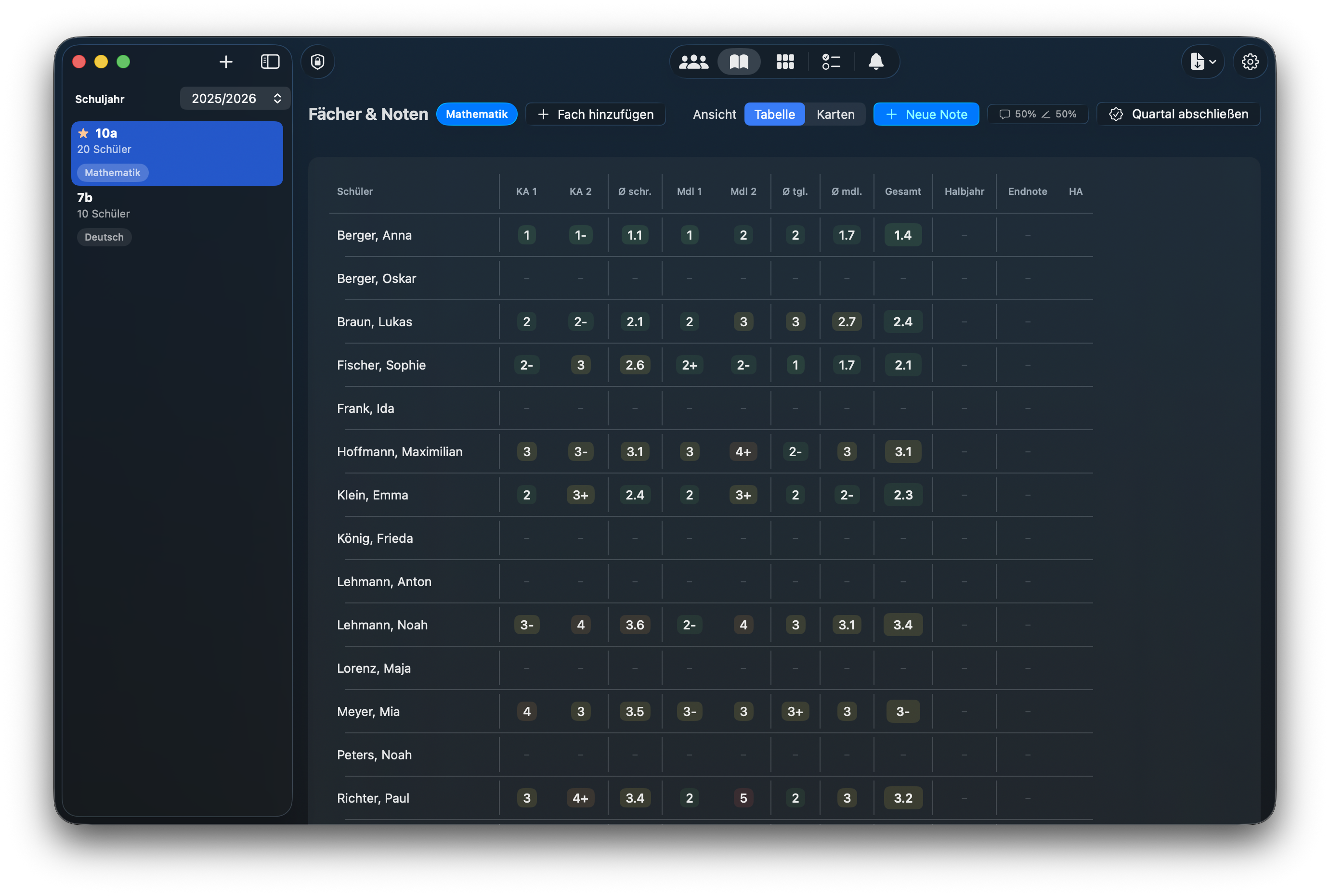 Notenverwaltung in NotenPilot – Notenübersicht auf Mac