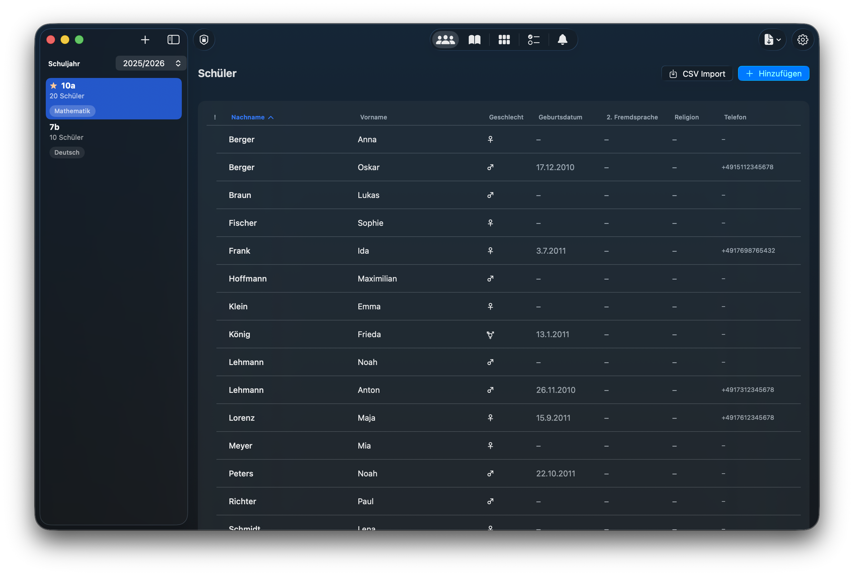 NotenPilot Oberfläche: Schülerübersicht auf Mac