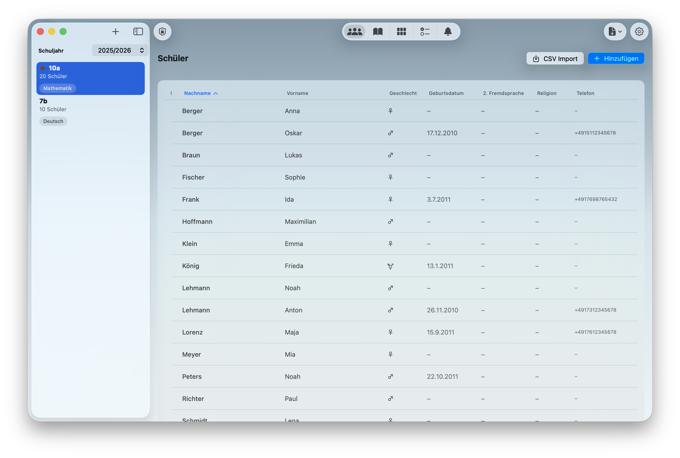 NotenPilot Oberfläche: Schülerübersicht auf Mac