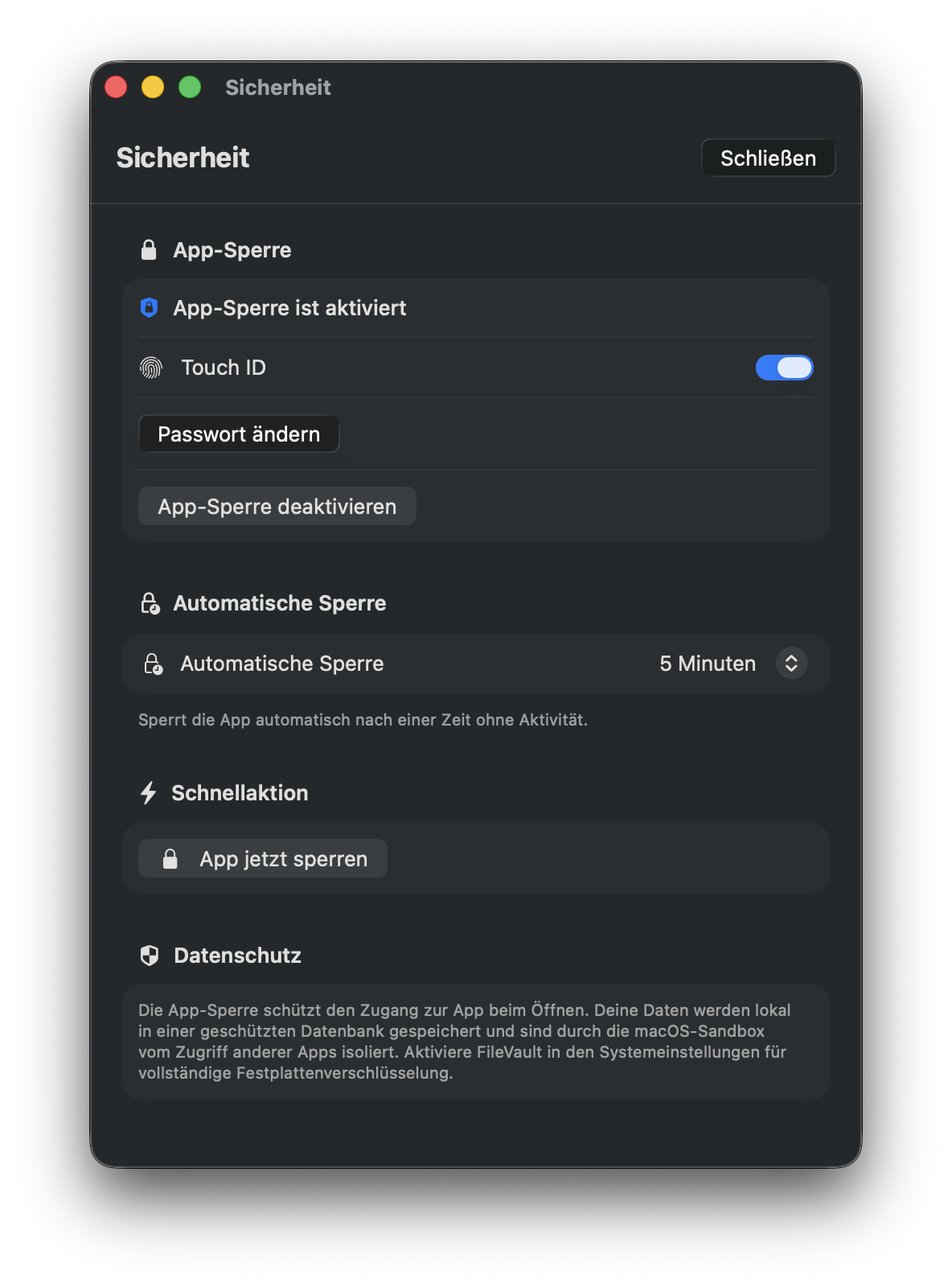 Sicherheitsfunktionen in NotenPilot – Passwort und Touch ID