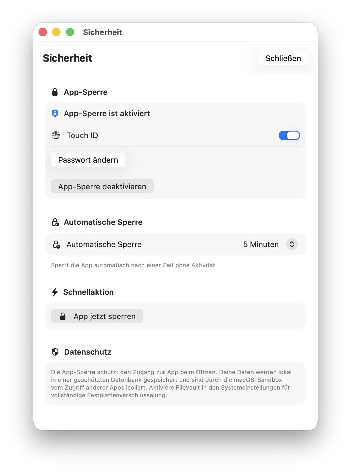Sicherheitsfunktionen in NotenPilot – Passwort und Touch ID